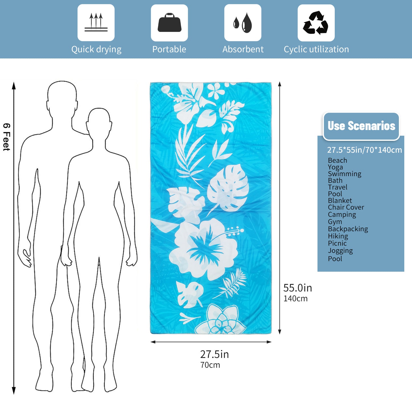 Large Oversized Beach Towel,Swimming Pool Towel Quick Dry, Soft Absorbent, Multifunctional Towel—White Leaves